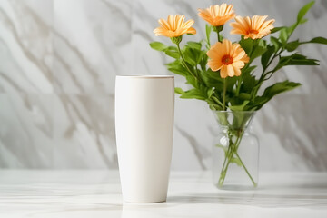 Clean and Simple White Tumbler Mockup with Flower Vases: Versatile Product Visual