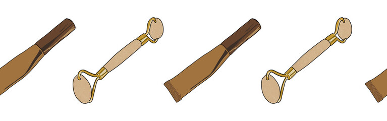 Hand drawn clipart spa skincare bath beauty product.Horizontal banner. Isolated on white background. Design for wall art, wellness resort, print, fabric, cover, card, bookle