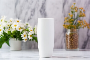 Minimalist White Tumbler Mockup with Flower Vases: Clean and Modern Design