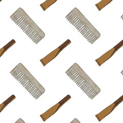 Spa Seamless Pattern with Bodycare cosmetic on isolated background. Hand drawn clipart illustration of skincare products. Colorful backdrop with mortar and flacons for banner or wrapping paper.