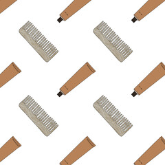 Spa Seamless Pattern with Bodycare cosmetic on isolated background. Hand drawn clipart illustration of skincare products. Colorful backdrop with mortar and flacons for banner or wrapping paper.