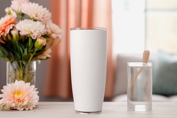Boho Studio Style White Tumbler Mockup with Flower Vases: High-Quality Product Image