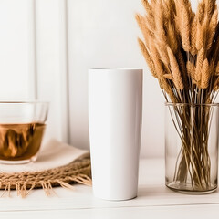 Boho Studio Style White Tumbler Mockup with Flower Vases: High-Quality Product Image
