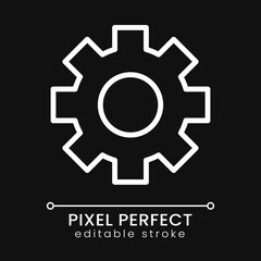 Cogwheel pixel perfect white linear icon for dark theme. Technology and settings. Business development. Thin line illustration. Isolated symbol for night mode. Editable stroke. Poppins font used