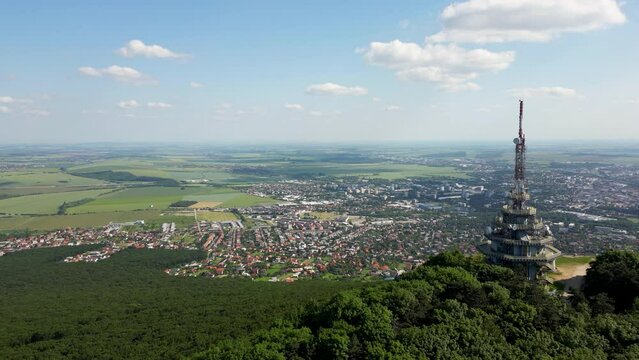 Sunny day in Nitra, Slovakia, beautiful aerial view of radio tower and the city