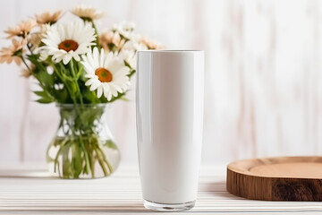 Obraz na płótnie Canvas White Blank 20 oz Skinny Tumbler Mockup with Flower Vases: Professional Product Photography