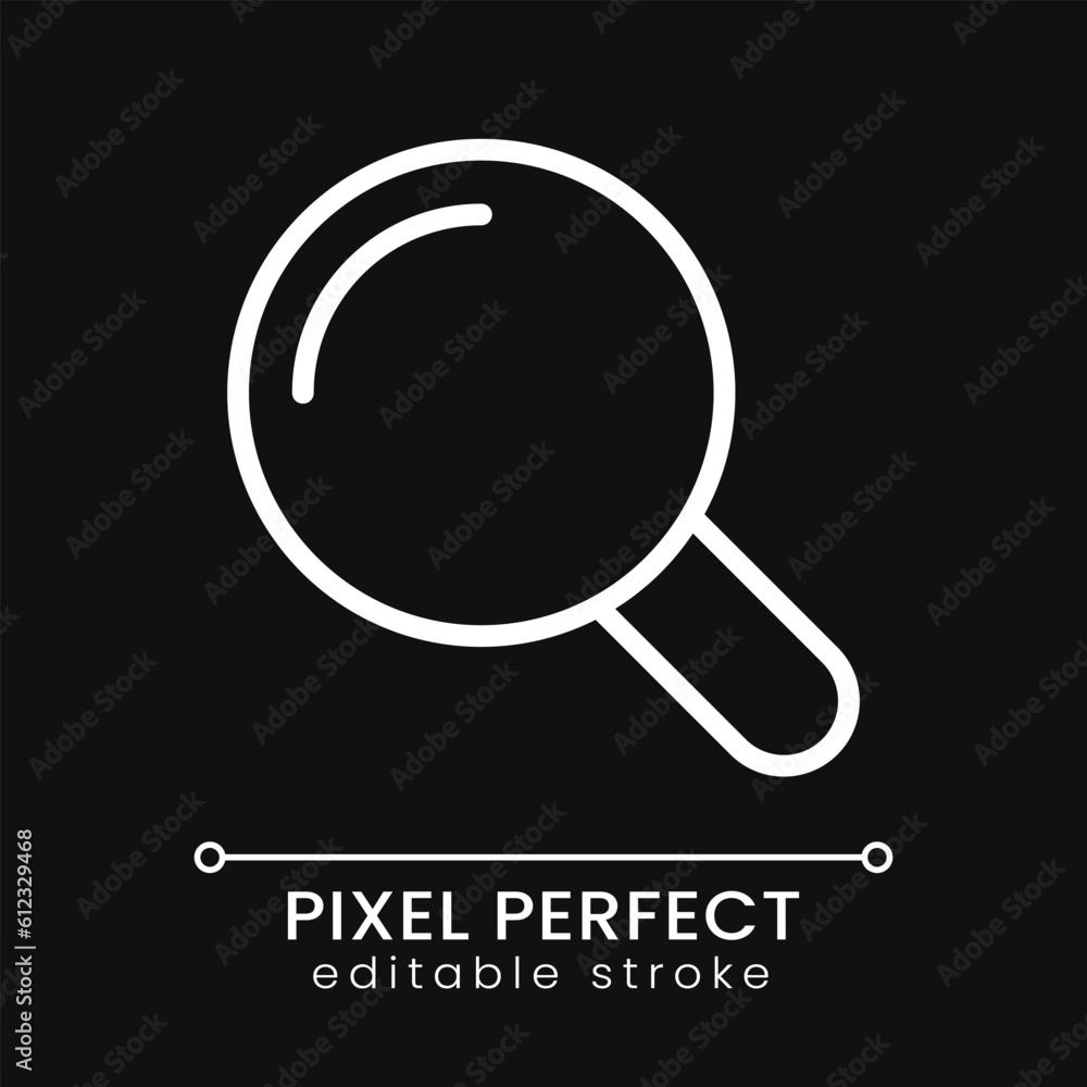 Poster magnifying glass pixel perfect white linear icon for dark theme. searching on website. business tool