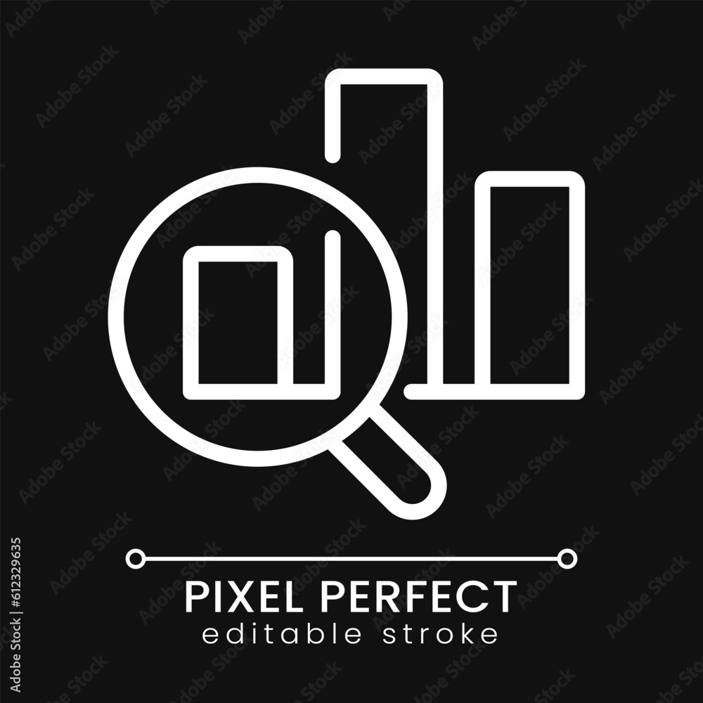 Poster charts and loupe pixel perfect white linear icon for dark theme. business processes analytics. stati