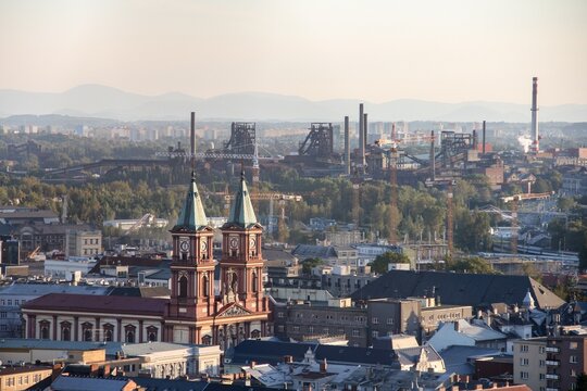 Landscape of Ostrava city and industrial Vitkovice district with Katedrala Bozskeho Spasitele church