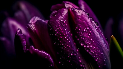 Wet petals of a purple tulip, macro shot, generative AI.