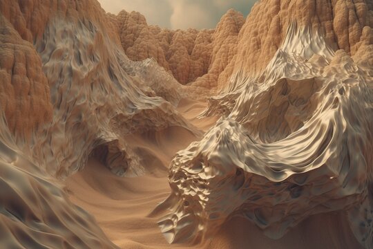 A surreal illustration of a distorted or manipulated natural formation, such as a canyon or mountain range, Generative AI