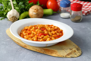 Traditional delicious Turkish foods; Dried bean (Kuru fasulye). Hot turkish bean stew with a tasty tomato sauce. Haricot. 