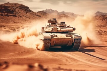 Motion shot image fo tank patrol through the desert, engaged in a thrilling border patrol. Generative Ai