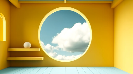 Creative illustration with a round window overlooking the sky, generative AI.
