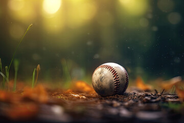Ball rested in baseball field on dirt