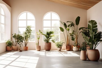 Fototapeta na wymiar Botanical Boho modern pastel coloured interior design, with green potted plants | aesthetic minimalist interior space