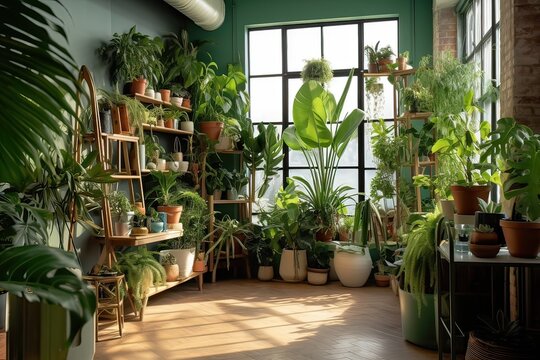 Botanical Boho modern pastel coloured interior design, with green potted plants | aesthetic minimalist interior space