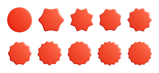 Red starburst sticker 3d render set - collection of round sun burst or star shape badges for promo.