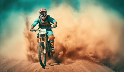 Big air mountain bike rider soaring through the dust
