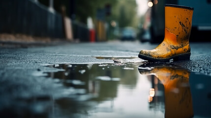 Rubber boot near a puddle on a city street, generative AI.