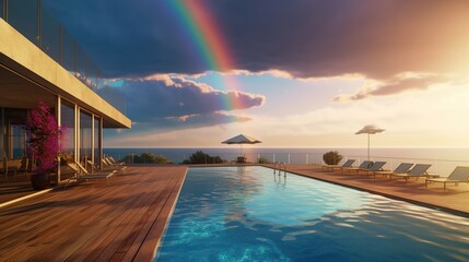 vacation at swimming pool, summer holiday hotel ocean rainbow sky view 