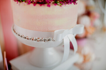 Birthday cake at a Banquet close-up. Dessert