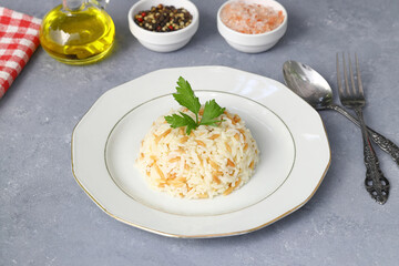 Traditional Turkish Rice Pilav. Plain Pilaf Portion Served. Organic Food. Turkish style rice pilaf (Turkish name, sehriyeli pirinc pilavi)