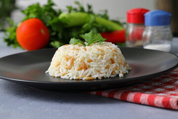 Traditional Turkish Rice Pilav. Plain Pilaf Portion Served. Organic Food. Turkish style rice pilaf (Turkish name, sehriyeli pirinc pilavi)