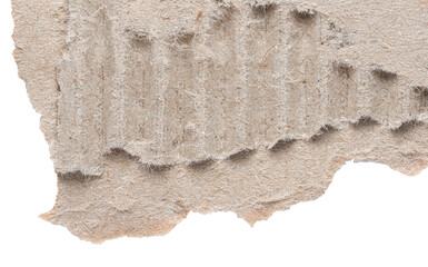 Isolated single piece of crumpled ripped blank brown cardboard paper isolated on white or...