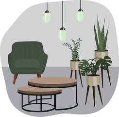 Living room with armchair and coffee table. Resting place at home. High quality vector illustration.