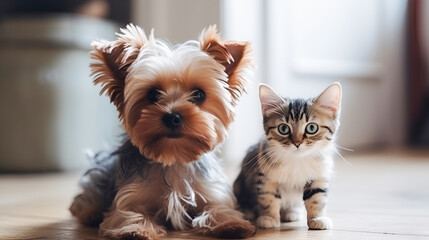 cute Yorkshire terrier puppy and tabby kitten best friends sitting on the floor in the living room and looking at the camera. generative ai