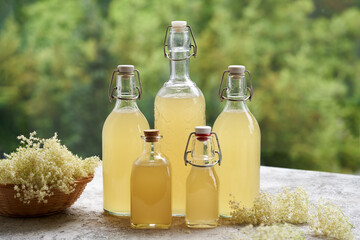 Elderberry flower syrup in glass bottles