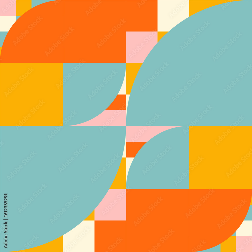 Poster Simple geometric seamless pattern. Modern abstract background with circle, semi circle, square, rectangle stripe shapes in pastel colors.