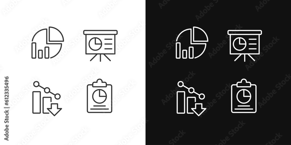 Poster business analytics pixel perfect linear icons set for dark, light mode. financial forecast. statisti