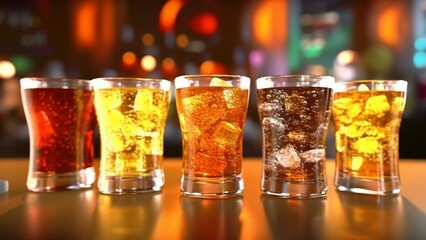Glasses of soda in a table. Different soft drink flavours. Exotic drinks. Colorful sodas. Sparkling drinks. Drinking and having fun.  