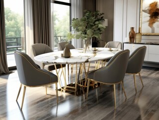 Luxury dining room with a marble table, plush chairs and elegant decor, natural light. Generative AI