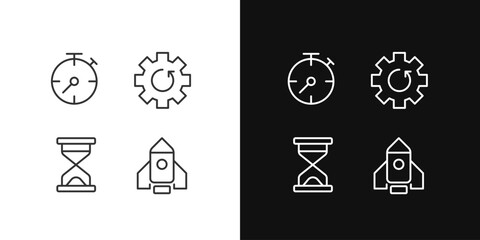 Process and operation pixel perfect linear icons set for dark, light mode. Download update. Launching website. Thin line symbols for night, day theme. Isolated illustrations. Editable stroke