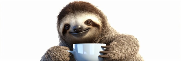 sloth with a coffee cup isolated on white background, generative ai 