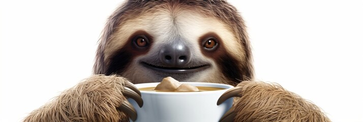 sloth with a coffee cup isolated on white background, generative ai 