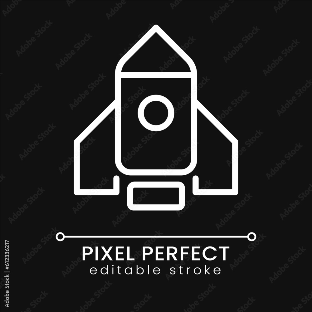Poster rocket pixel perfect white linear icon for dark theme. launch new product and project. business stra