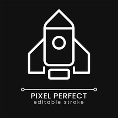 Rocket pixel perfect white linear icon for dark theme. Launch new product and project. Business strategy. Thin line illustration. Isolated symbol for night mode. Editable stroke. Poppins font used