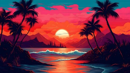 Fototapeta na wymiar Sunset landscape with palm trees and mountains, retro - Generative AI