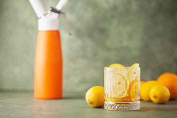Homemade Lemonade in glass. Soda Drinks Carbonate Oxide lemonade liquid make by CO2 Siphon...