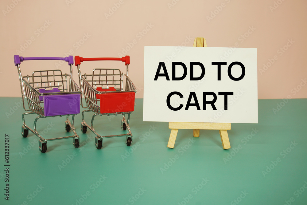 Poster add to cart text message with trolley shopping cart on blue and pink background