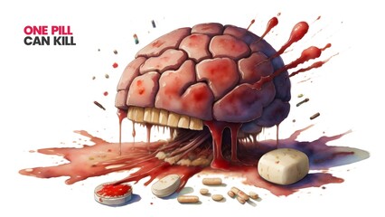 Bloody Brain, The Dark Side of Drugs, International Anti Drugs Day , Drugs Kill You Watercolor Artstyle 