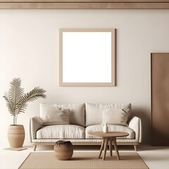 Frame mockup in contemporary minimalist beige room interior, photo frame on a beige wall, generative AI