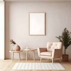 Fototapeta na wymiar Frame mockup in contemporary minimalist beige room interior, photo frame on a beige wall, generative AI