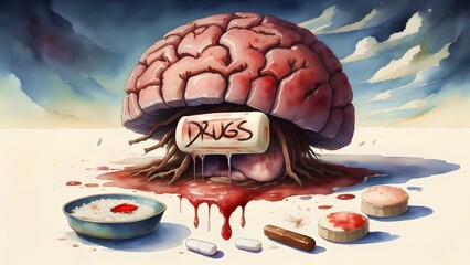 Bloody Brain with a Drugs Pill Indside, The Dark Side of Drugs, International Anti Drugs Day , Drugs Kill You Watercolor Artstyle 