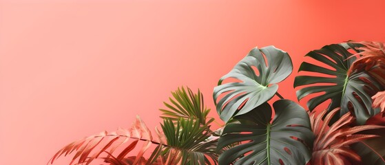Fototapeta premium Philodendron tropical leaves, coral color background minimal summer, leaves pattern, generative AI