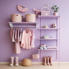 Shelving unit with children's dresses near lilac wall, Bookcase against a lilac wall, generative AI